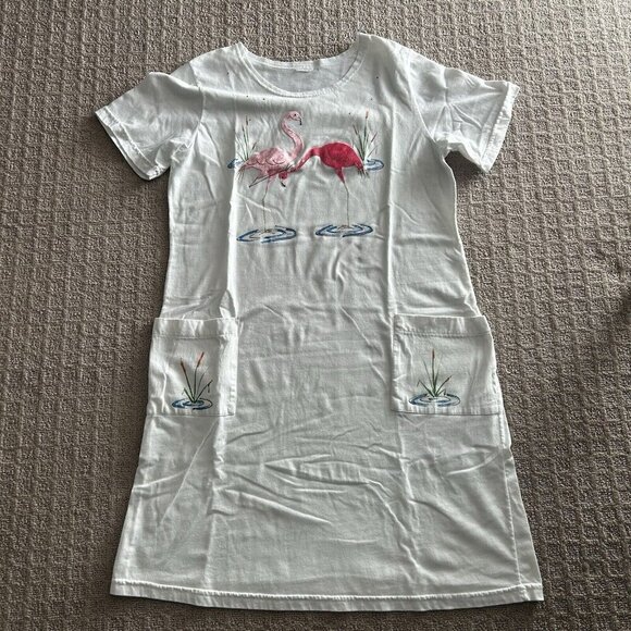 Womens Cover Up White Dress Resort Wear Vacation Flamingos Glitter Front Pockets - Picture 1 of 9